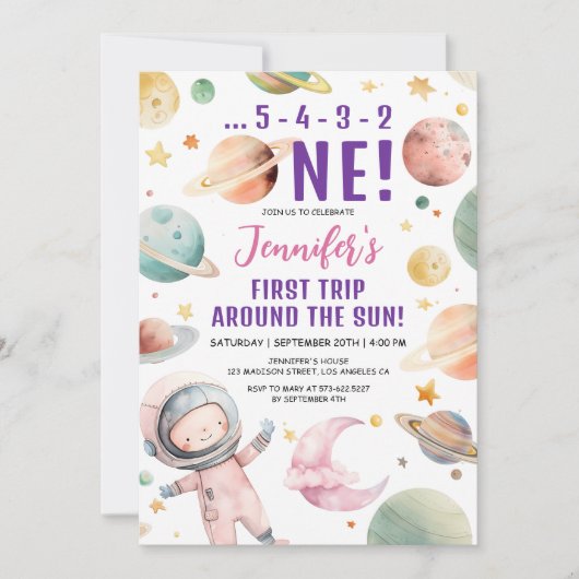 最初の旅のまわりに行ザサンガール宇宙1st誕生日 招待状 (正面)