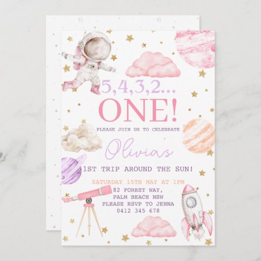 最初の旅のまわりに行ザサンガール宇宙1st誕生日 招待状 (正面/裏面)