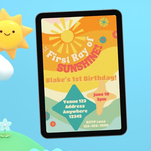 最初の日の出、カラフルな太陽の1歳の誕生日 招待状
