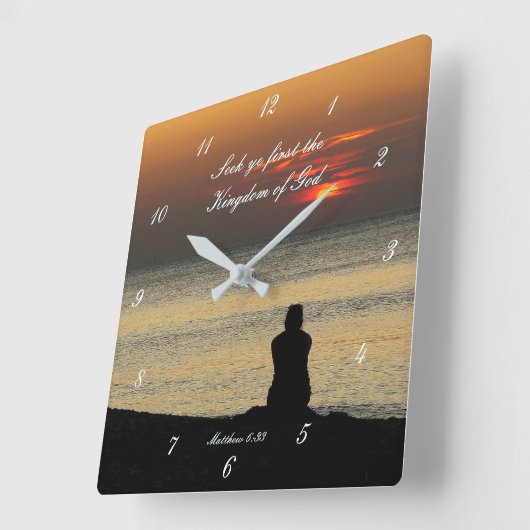 最初の神の国を求めるマタイ6:33日の出 スクエア壁時計 (傾斜)