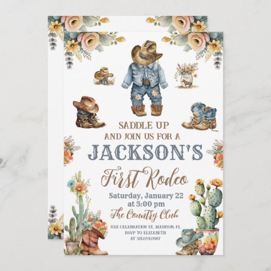 最初の素朴Rodeo Wild West Boy最初の誕生日 招待状 (正面/裏面)
