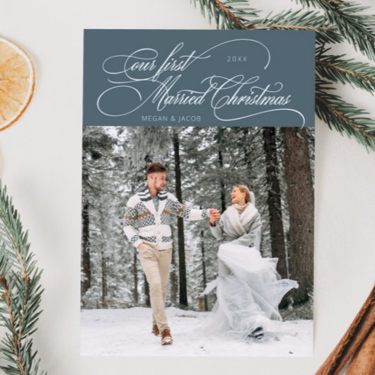 最初の結婚したクリスマスの新しい写真石板ブルー シーズンカード