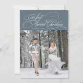 最初の結婚したクリスマスの新しい写真石板ブルー シーズンカード (正面)