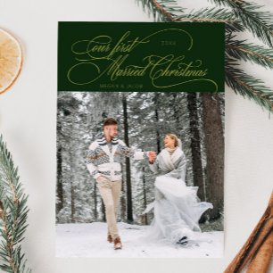 最初の結婚したクリスマスの新婚フォトグリーン シーズンカード