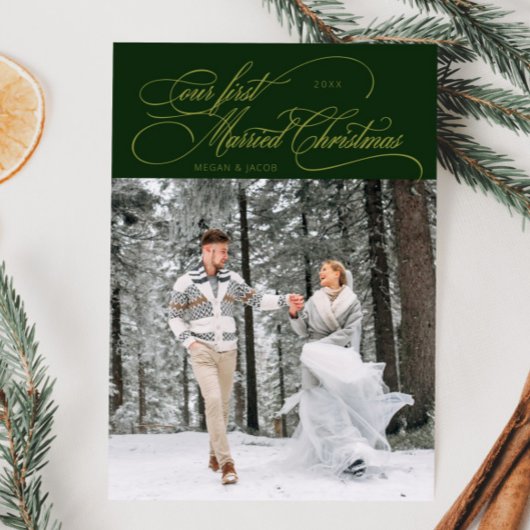 最初の結婚したクリスマスの新婚フォトグリーン シーズンカード