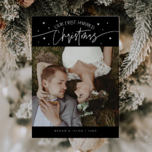 最初の結婚したクリスマスの新婚フォトブラック シーズンカード