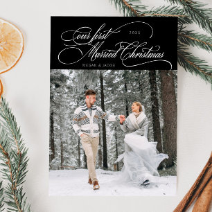 最初の結婚したクリスマスの新婚フォトブラック シーズンカード