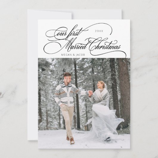 最初の結婚したクリスマスの新婚フォトホワイト シーズンカード (正面)