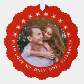 最初の結婚したクリスマスエレガントレッドあなたの写真を追加 オーナメントカード (裏面)