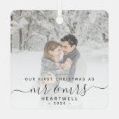 最初の結婚したクリスマスカスタムフォトグレーのスクリプト メタルオーナメント (裏面)