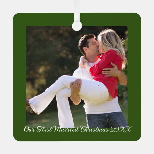 最初の結婚したクリスマスグリーン メタルオーナメント (正面)