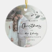 最初の結婚したクリスマススクリプトの写真名の年 セラミックオーナメント (正面)