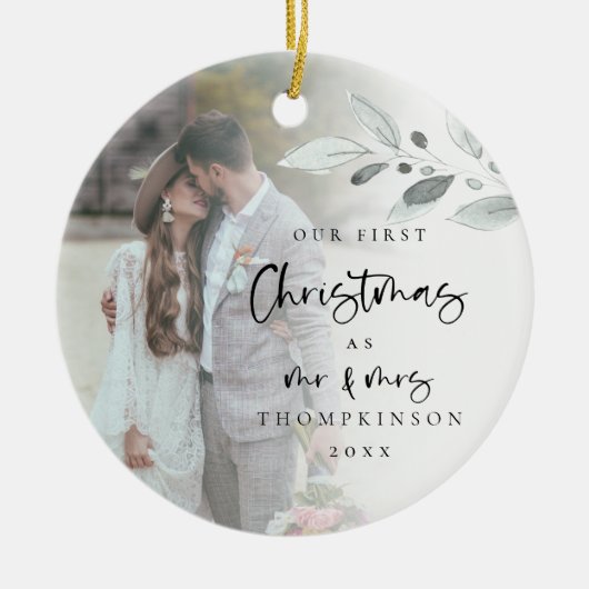 最初の結婚したクリスマススクリプトの写真名の年 セラミックオーナメント (正面)