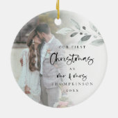 最初の結婚したクリスマススクリプトの写真名の年 セラミックオーナメント (裏面)