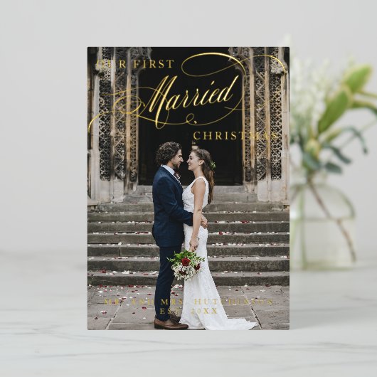 最初の結婚したクリスマススクリプト写真 箔シーズンカード (立ち正面)