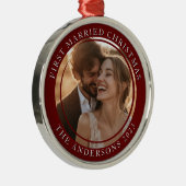 最初の結婚したクリスマスレッドカスタムの写真 メタルオーナメント (右)