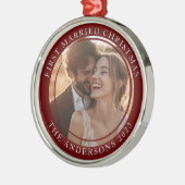 最初の結婚したクリスマスレッドカスタムの写真 メタルオーナメント (左)