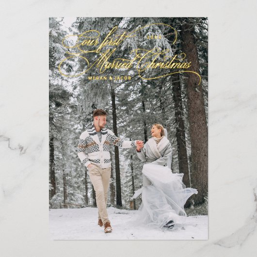 最初の結婚したクリスマスヴィンテージの休日の写真 箔シーズンカード (正面)