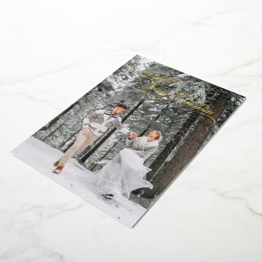 最初の結婚したクリスマスヴィンテージの休日の写真 箔シーズンカード (回転した状態)