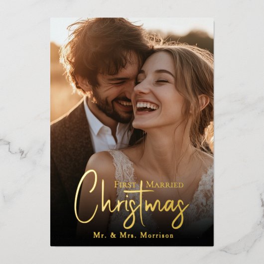 最初の結婚したクリスマス写真 箔シーズンカード (正面)