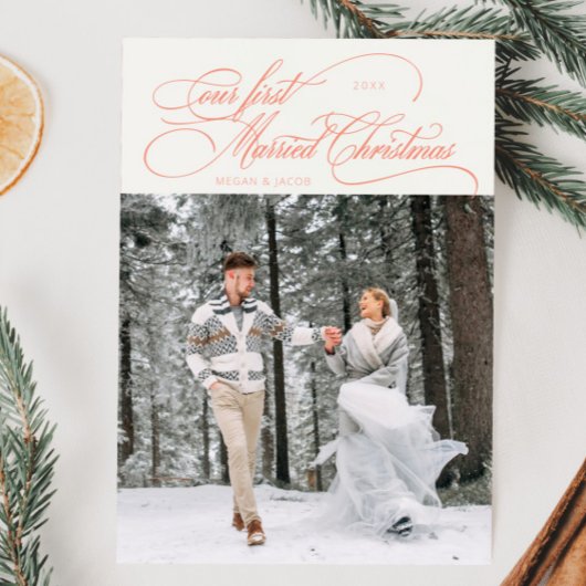 最初の結婚したクリスマス新婚フォトピーチ シーズンカード