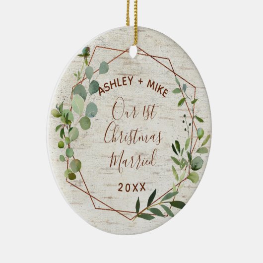 最初の結婚したクリスマス樺の木ユーカリ写真 セラミックオーナメント (右)