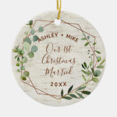 最初の結婚したクリスマス樺の木ユーカリ写真 セラミックオーナメント (正面)