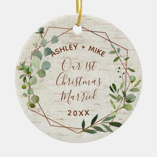 最初の結婚したクリスマス樺の木ユーカリ写真 セラミックオーナメント (正面)