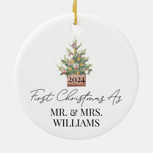 最初の結婚したクリスマス水の色クリスマスツリー セラミックオーナメント (裏面)