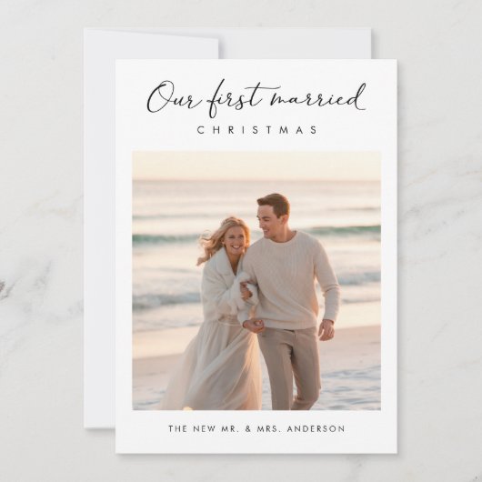 最初の結婚したクリスマス海岸写真 シーズンカード (正面)