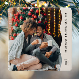 最初の結婚したクリスマス2枚の写真シンプル写真 セラミックオーナメント