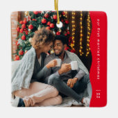 最初の結婚したクリスマス2枚の写真シンプル赤 セラミックオーナメント (正面)