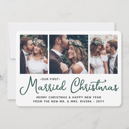 最初の結婚したクリスマス3の結婚写真が緑 シーズンカード (正面)