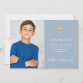 最初の聖なる聖体の金ゴールドのクロスほこりっぽい青い写真 サンキューカード (正面)