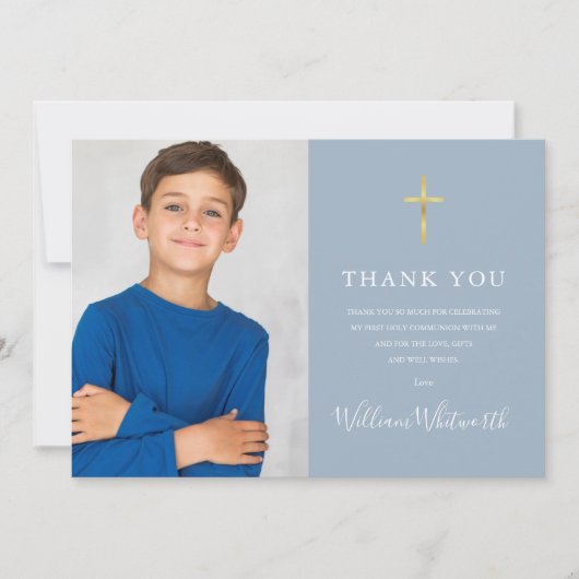 最初の聖なる聖体の金ゴールドのクロスほこりっぽい青い写真 サンキューカード (正面)