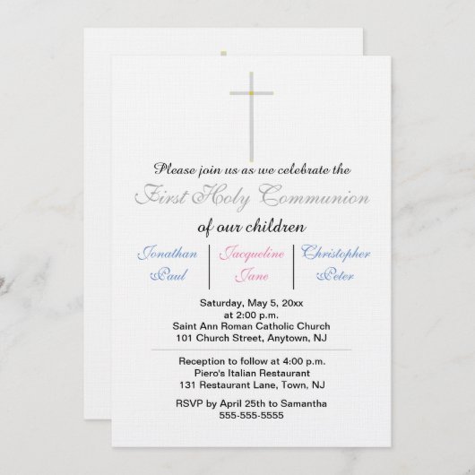 最初の聖なる聖餐式の三つ子ブルーピンク 招待状 (正面/裏面)