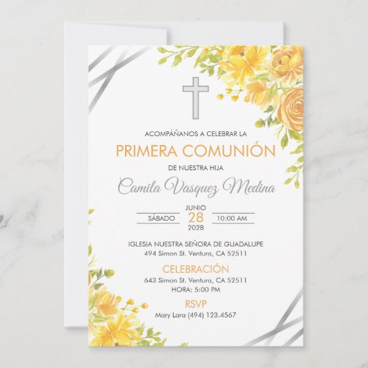 最初の聖体拝領の招待状 かわいい黄色の花 招待状 (正面)