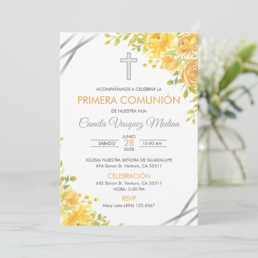 最初の聖体拝領の招待状 かわいい黄色の花 招待状 (スタンド正面)