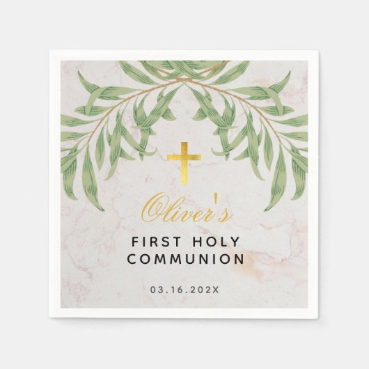 最初の聖域の緑の葉の大理石金ゴールドクロス スタンダードカクテルナプキン (正面)