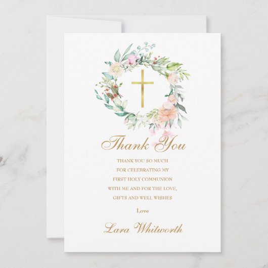 最初の聖餐会の写真バラフローラ金ゴールド サンキューカード (正面)