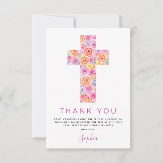 最初の聖餐式ありがとうフローラピンクのバラ サンキューカード (正面)