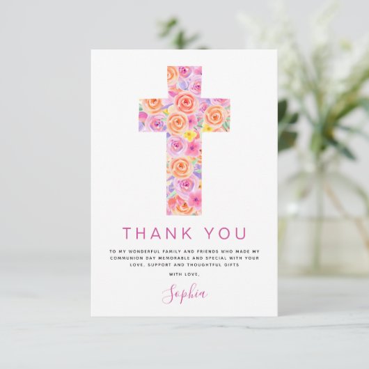 最初の聖餐式ありがとうフローラピンクのバラ サンキューカード (スタンド正面)