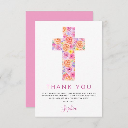 最初の聖餐式ありがとうフローラピンクのバラ サンキューカード (正面/裏面)