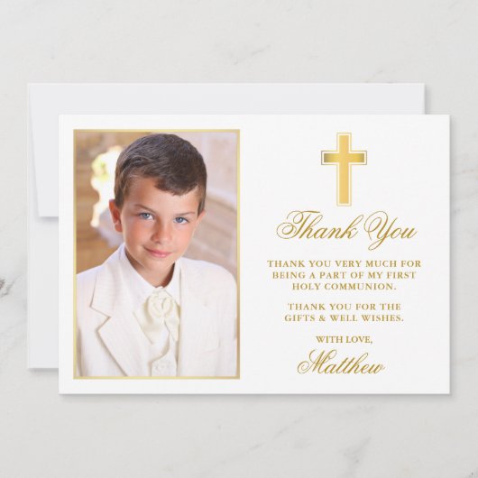 最初の聖餐式の写真金ゴールド枠 サンキューカード (正面)