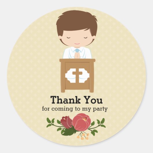 最初の聖餐式の少年*背景色を選択 ラウンドシール (正面)