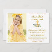 最初の聖餐式の水の色の黄色のフローラ金ゴールド 招待状 (正面)