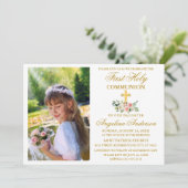 最初の聖餐式の水の色ピンクフローラ金ゴールド 招待状 (スタンド正面)