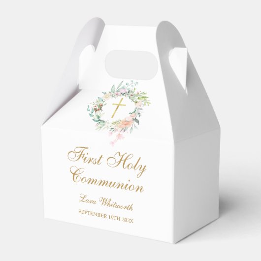 最初の聖餐式の水カラーフローラ金ゴールドスクリプト フェイバーボックス (正面サイド)