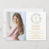 最初の聖餐式の緑の金ゴールドのクロス写真 招待状 (正面)