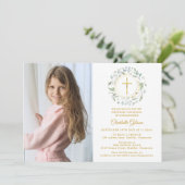 最初の聖餐式の緑の金ゴールドのクロス写真 招待状 (スタンド正面)